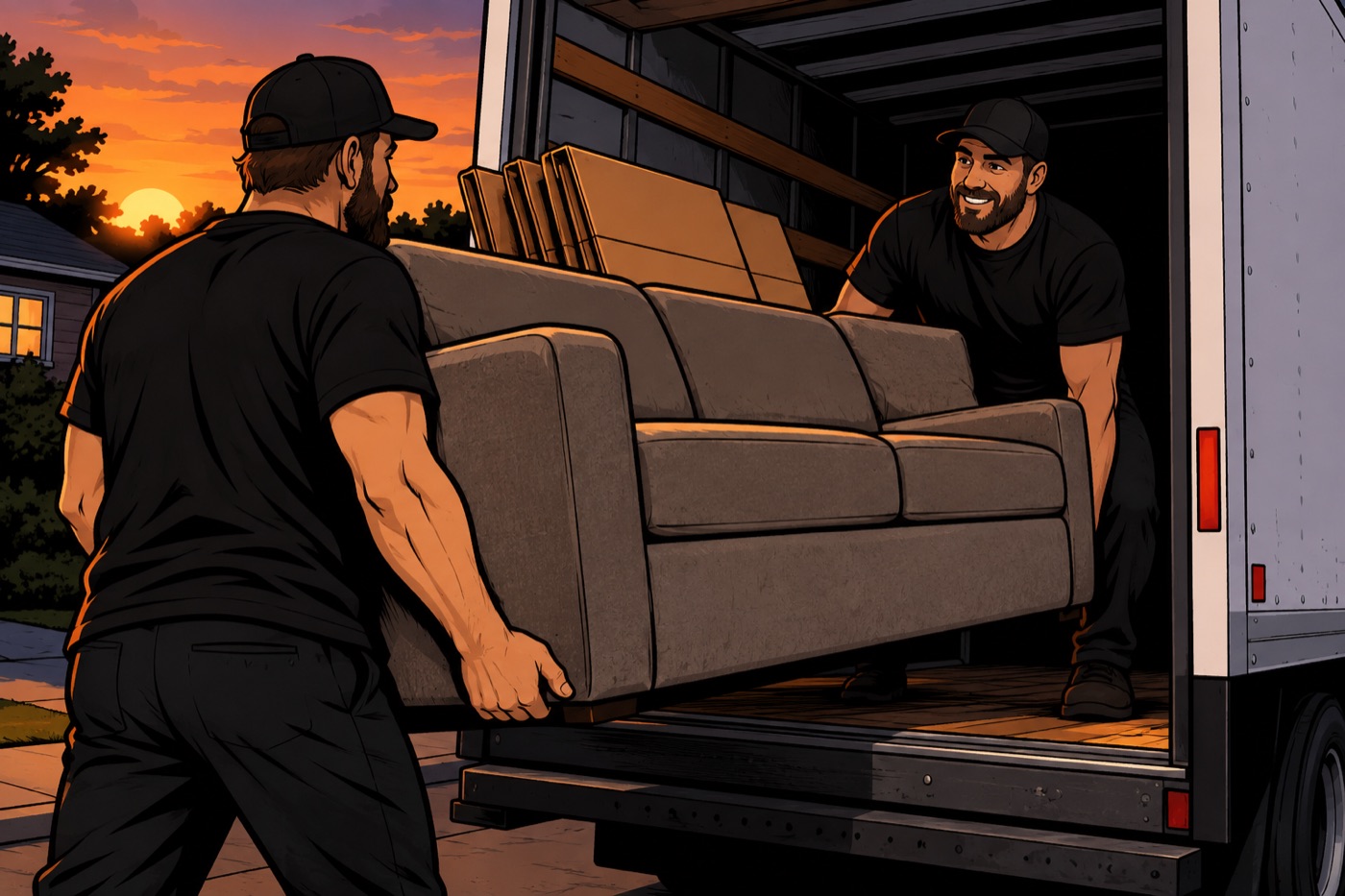 Zwei Männer laden ein Sofa in den offenen Laderaum eines Transporters.